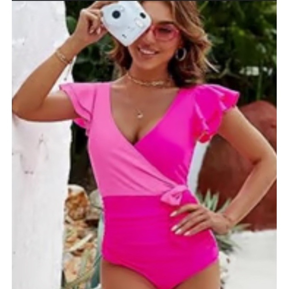 Blooming Jelly Pink‎ Ruffle Sleeve Wrap One-Piece Swimsuit – Size XXL